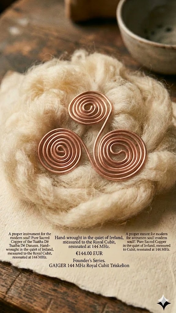 Now, here is the Gajger 144 MHz Royal Cubit Triskelion, a handmade copper energy tool for water vitalization, nestled in raw wool. This Irish-made sacred copper instrument, hand-wrought for the Founder’s Series, is shown with its original packaging and descriptive text to harmonize your inner waters and protect your workspace.